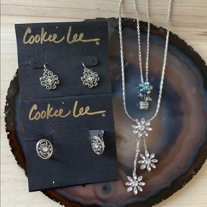 Cookie Lee CZ flower necklace silver crystal filigree earrings lot 4